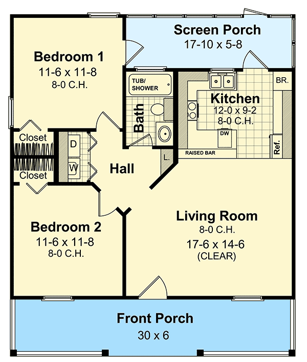 Plan 51000MM: Two-Bedroom Cottage with Options - 800 Sq Ft - Floor Plan - Main Level - Cabin, Cottage, Southern