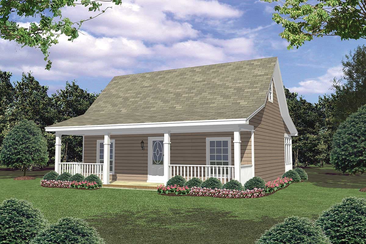 House plan exterior: One-story cottage with a prominent wrap-around porch, white railings, and a gabled dormer.