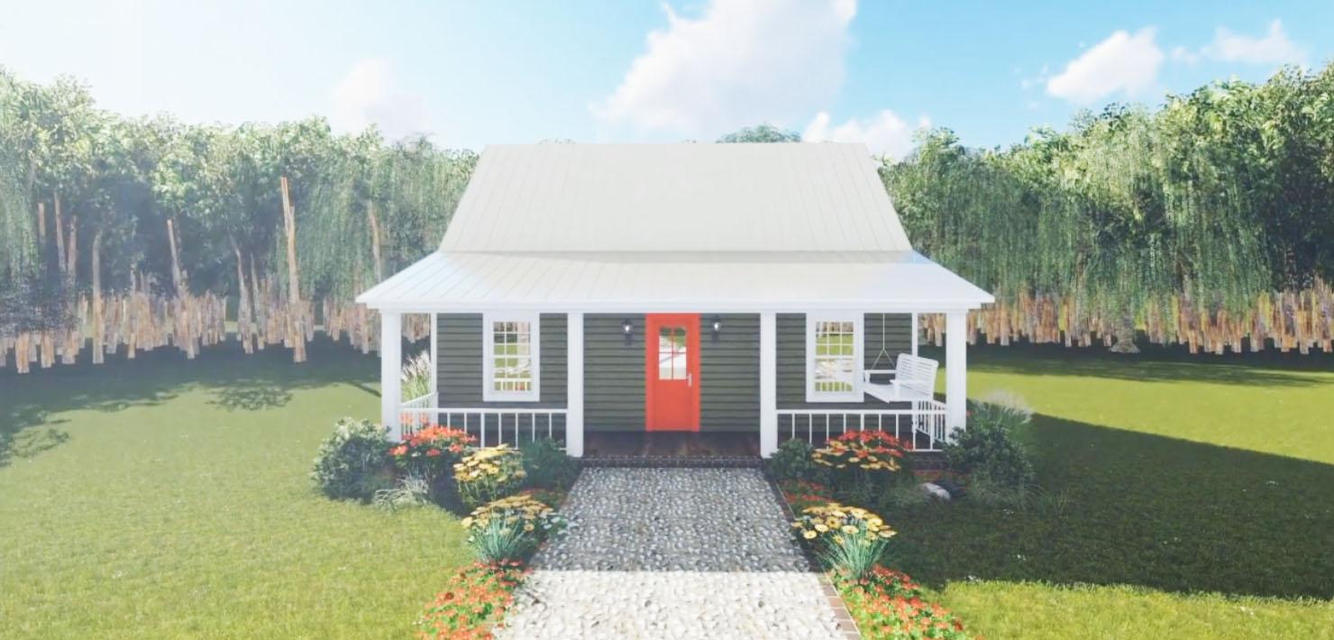 House plan exterior: One-story cottage with a covered front porch, white railing, double-hung windows, and a metal roof.