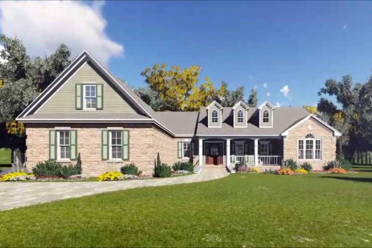 House plan exterior featuring stone and siding, multiple gables, dormers, and a covered front porch.