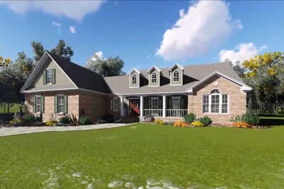 House plan exterior: brick and siding, ranch style, front porch with columns, three dormers, and a gable.