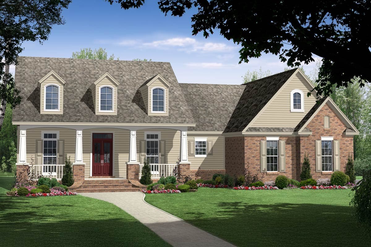 House plan exterior: Two-story home with covered porch, dormers, brick accents, and gabled rooflines.