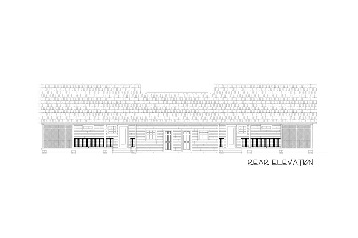 Rear elevation drawing of a single-story house with a gabled roof, screened porches, and multiple doors.