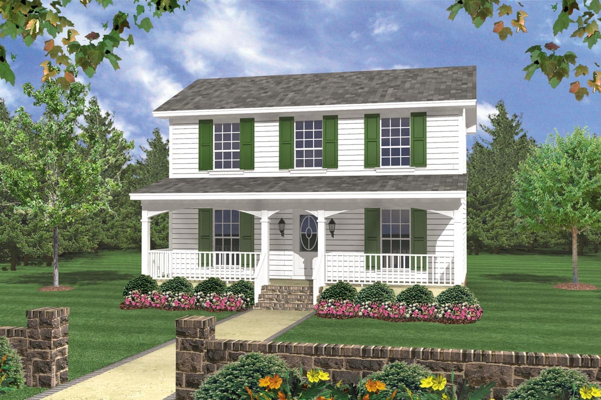 Two-story house plan exterior with a full-width porch, dormer, and white siding with green shutters.