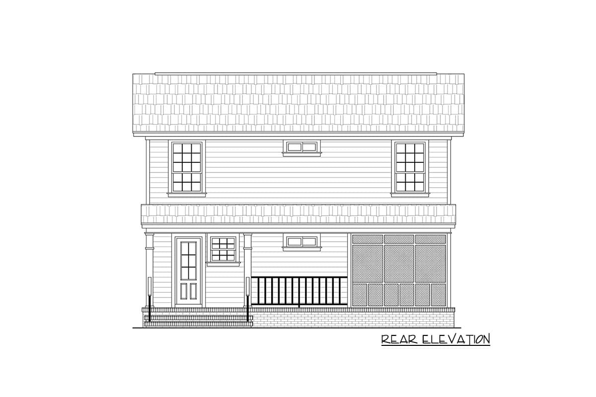 Rear elevation drawing of a two-story house with a porch, screened-in porch, and multiple windows.