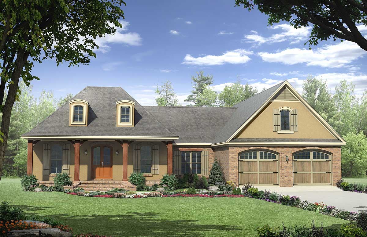 House plan exterior featuring a covered front porch with wood columns, dormer windows, and a side-facing two-car garage with arched doors.