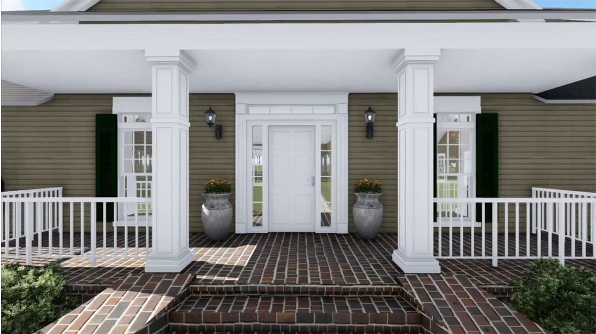 House plan exterior: Traditional style with covered front porch, white railings, double door entry, and flanking windows.