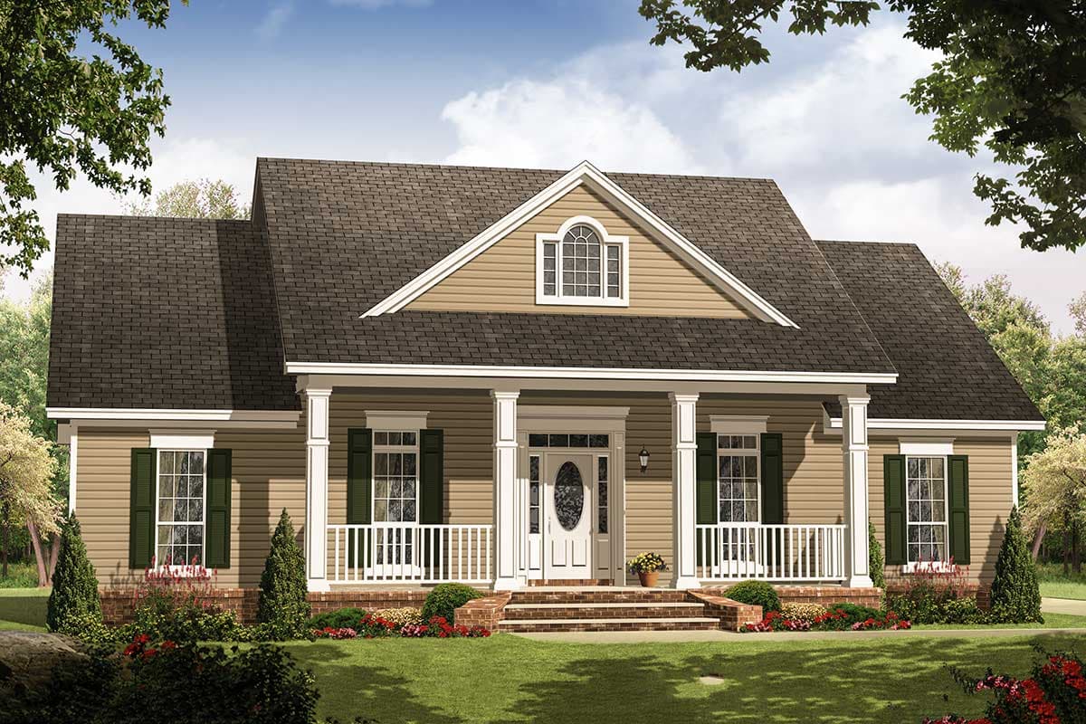 House plan exterior: Ranch style, single story with a covered front porch supported by white columns, gable roof, and arched dormer window.