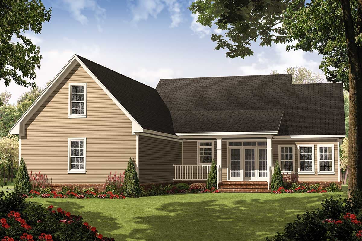 House plan exterior, two-story, with a gabled roof, dormer window, and covered porch with double doors.
