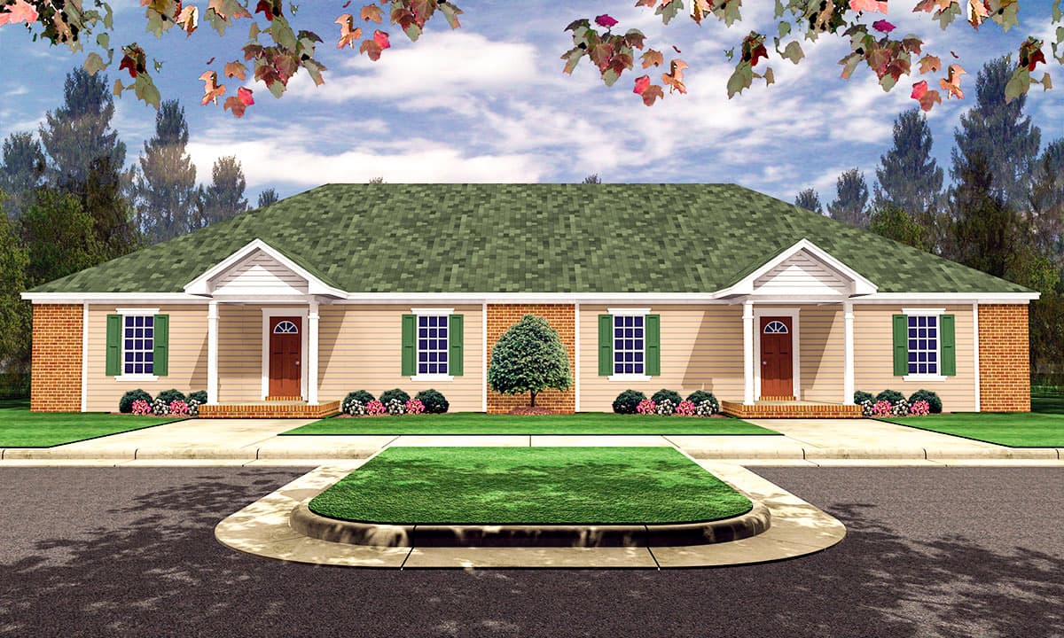 House plan exterior: Single-story duplex with paired gabled entry porches, siding, brick accents, and green shutters.