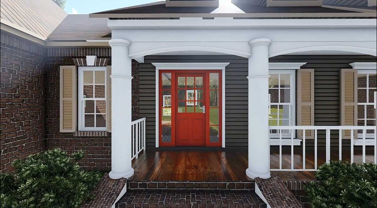 House plan exterior: Two-story home with brick and siding, covered porch with columns, and a red double-entry door with sidelights.