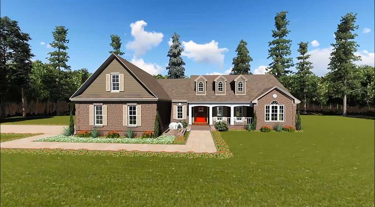 House plan exterior: One-story brick and siding home with a wraparound porch, dormers, and gables.