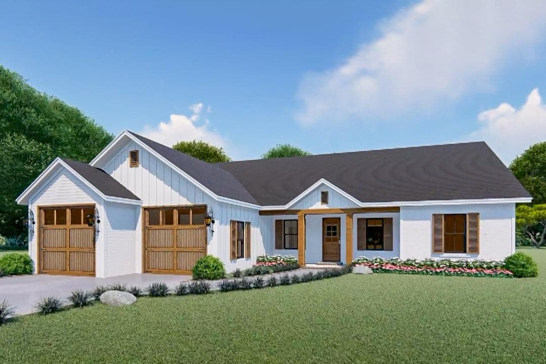 House plan exterior. Modern Farmhouse style with two stories, gabled roof, and attached garage. Includes a covered porch with supporting beams.