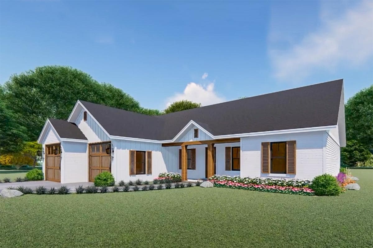 House plan exterior. Modern Farmhouse style, one-story with gables, covered entry with wood beams, and a two-car side-entry garage.