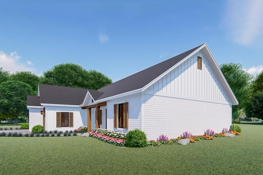 Modern Farmhouse house plan exterior with a covered porch, gables, dormers, and horizontal siding.
