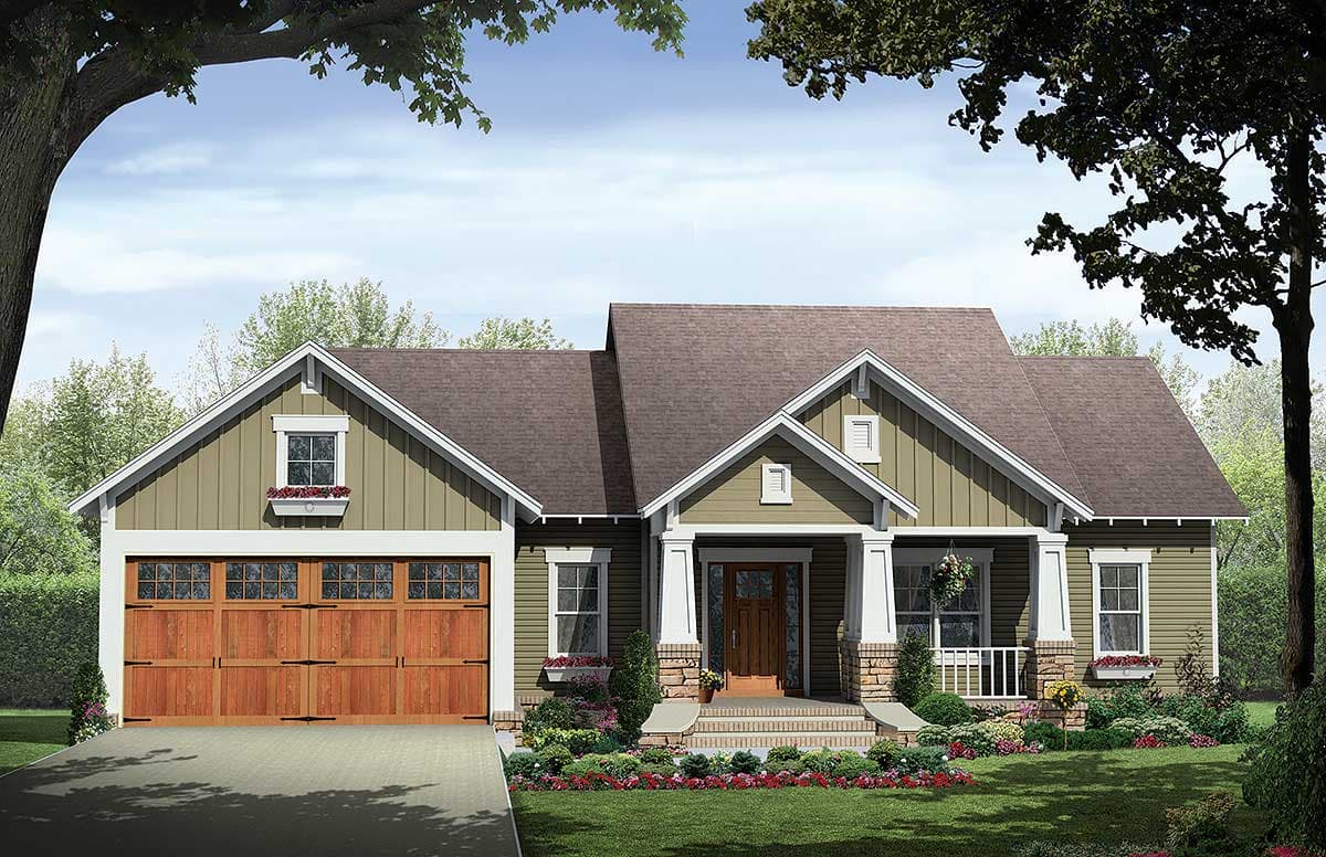House plan exterior: Modern Farmhouse style, 1.5 stories, with side-facing garage, gable roofline, and covered front porch with stone accents.