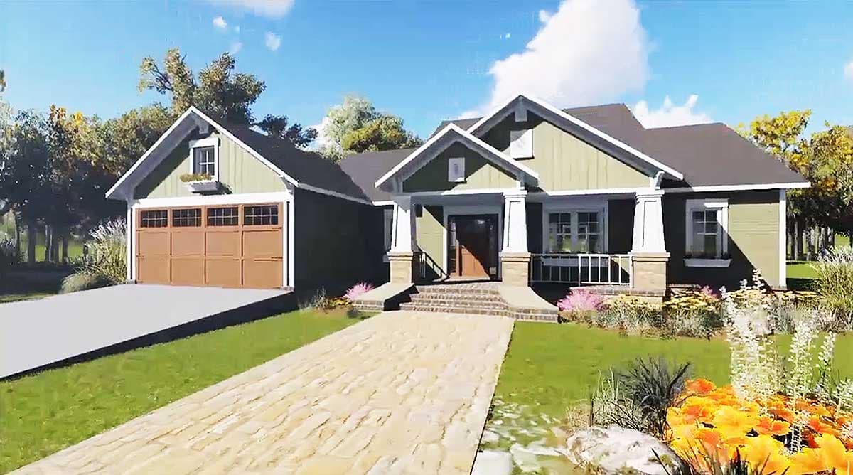 House plan exterior: Single-story Modern Farmhouse with gabled dormer, covered front porch, and attached side-facing garage.