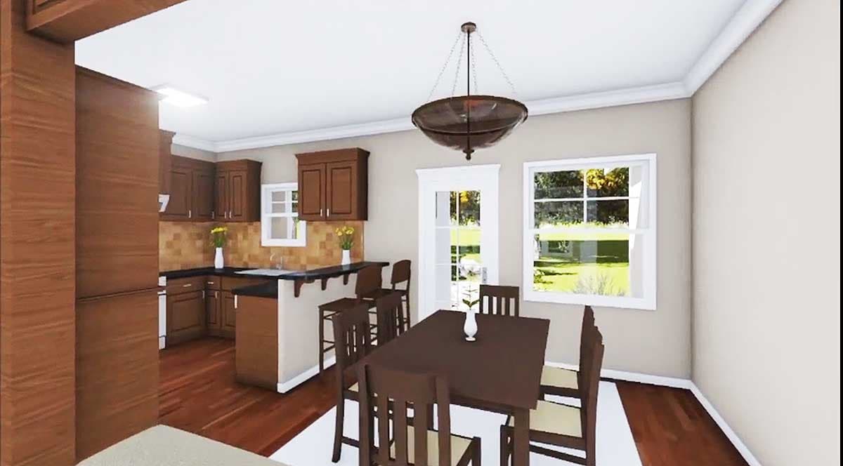Kitchen and dining area rendering with island seating, wooden cabinets, dining table, and a door with windows.