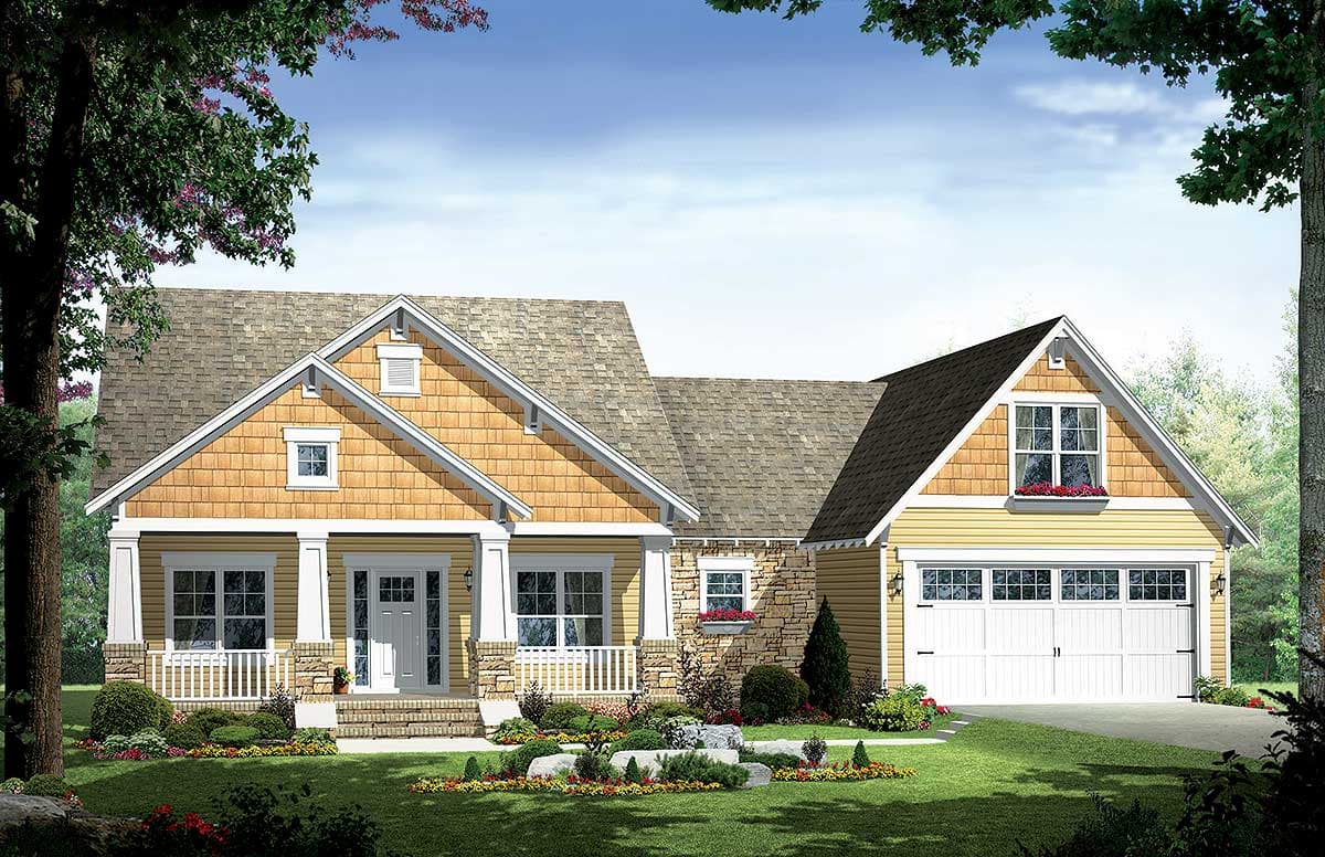 House plan exterior: Ranch style, one story, front porch with columns, shingle siding, stone accents, and a two-car garage.