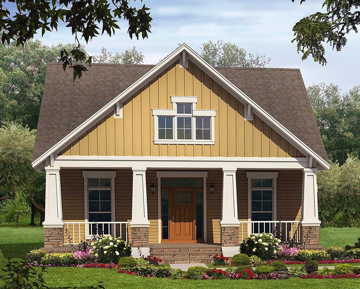 House plan exterior: two-story Modern Farmhouse with covered front porch, stone base, and prominent gable.