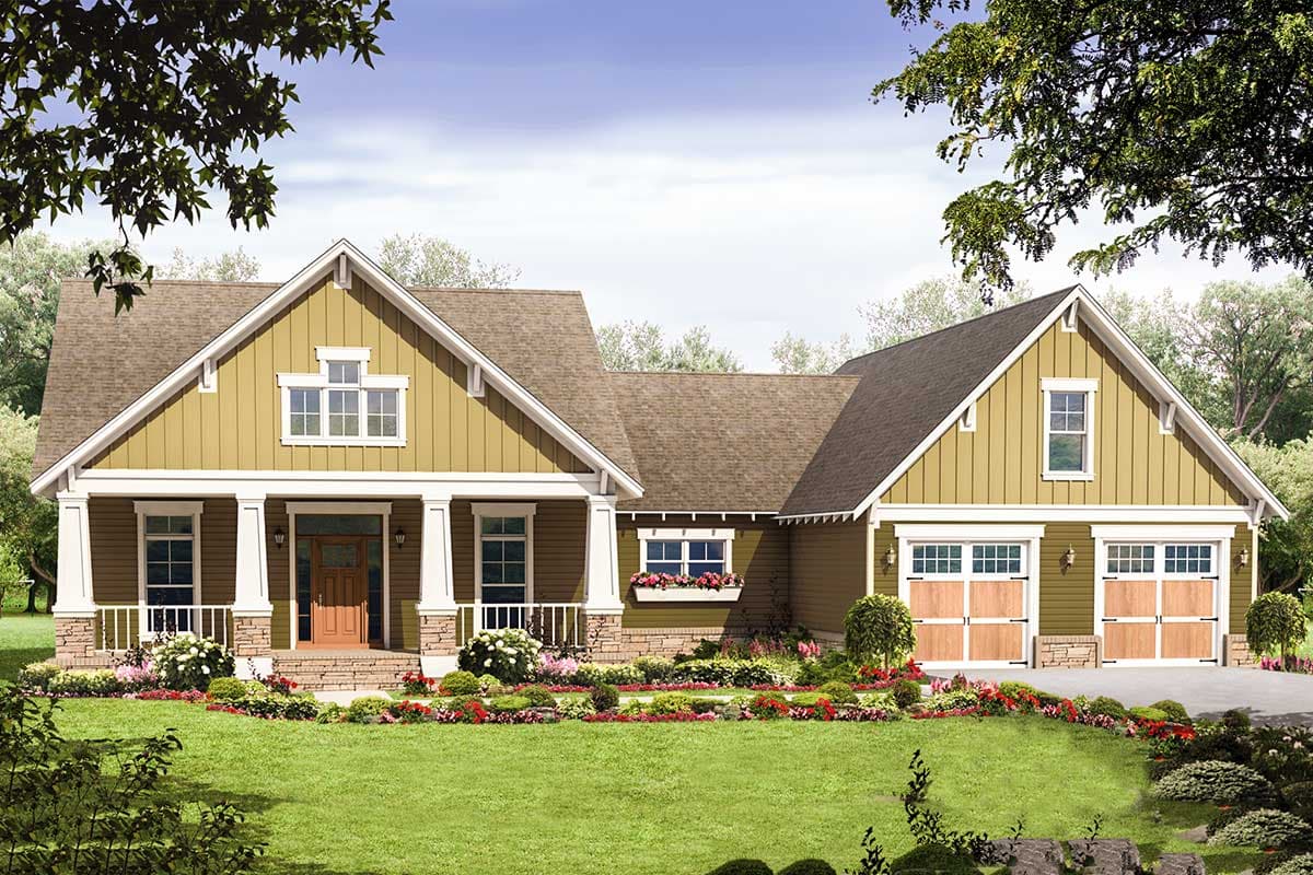 House plan exterior: Ranch style, one story, with a covered front porch, gable dormers, and a three-car side-entry garage.