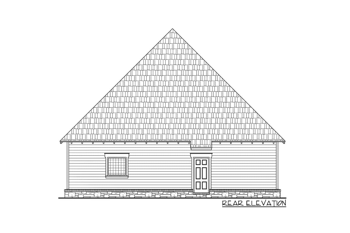 Rear elevation house plan with pitched roof, lap siding, single door, and one multi-pane window.