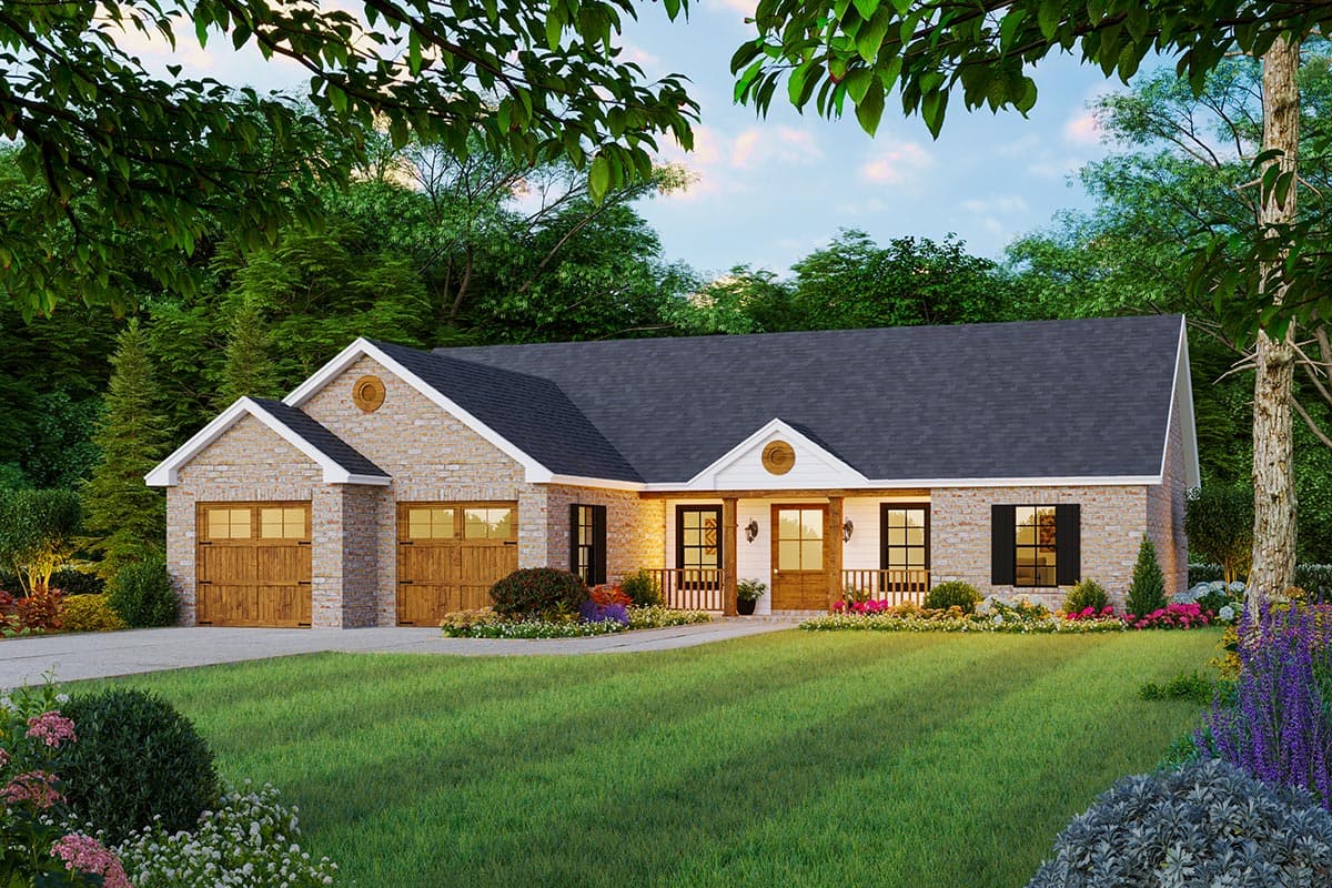 House plan exterior: Single-story ranch with stone facade, dual garage doors, covered front porch with wood columns, and multiple gables.