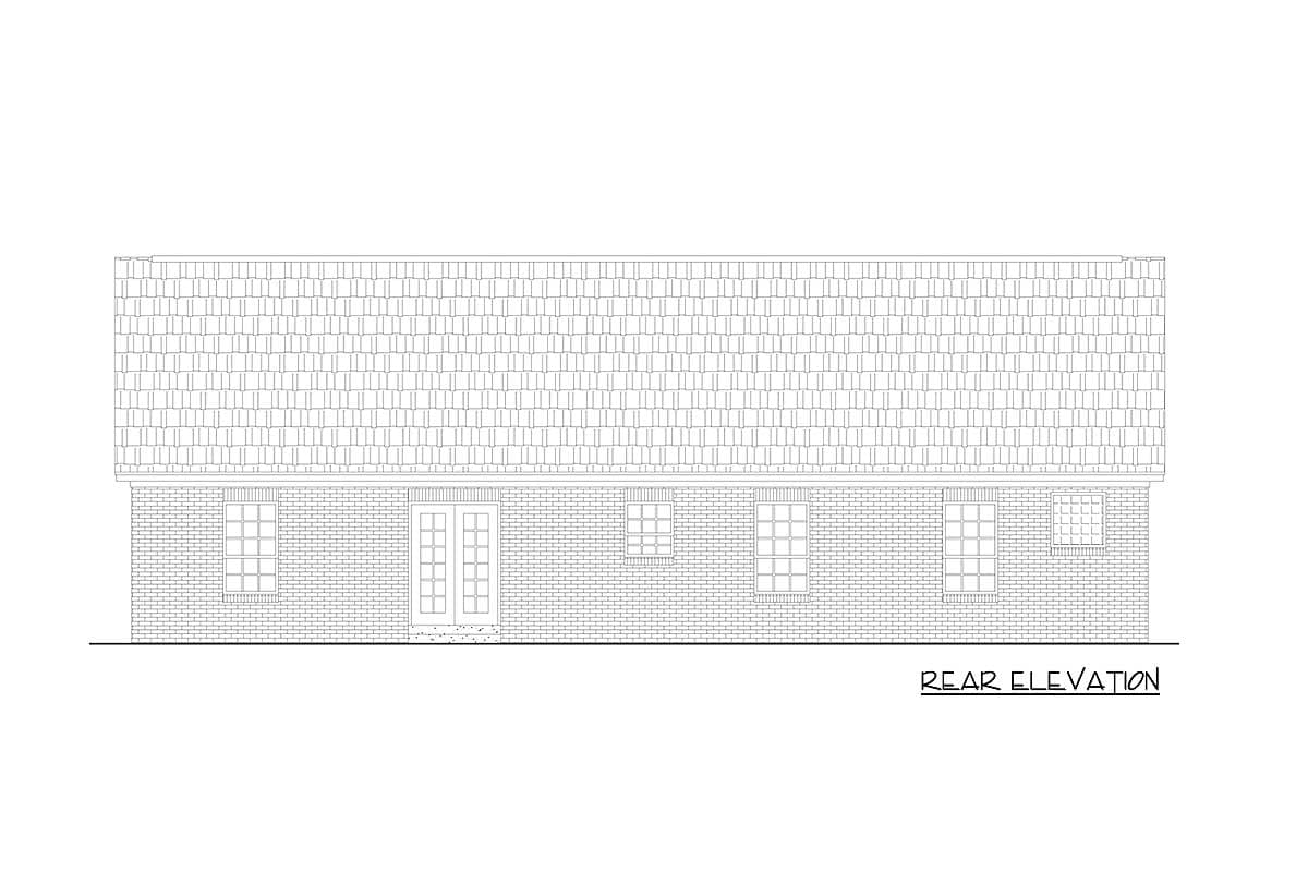 Rear elevation drawing of a house plan, showing brick walls, a mansard roof, double doors, and multiple windows.