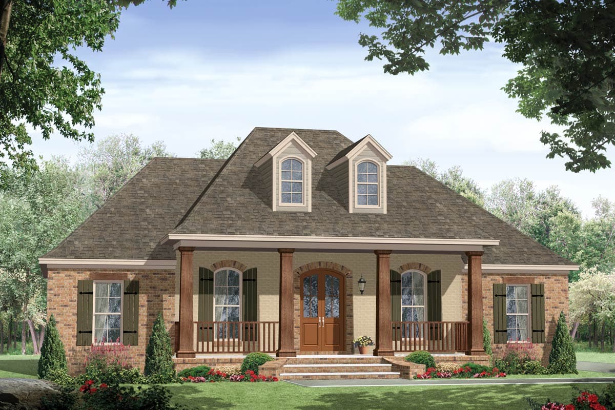 House plan exterior: One-story brick home with covered front porch, arched windows, dormers, and double front doors.