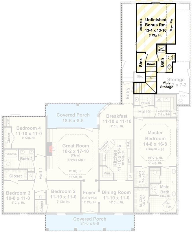 Plan 51054MM: Southern House Plan with Twelve Foot Great Room Ceilings - 2200 Sq Ft - Floor Plan - Bonus Level - Acadian, French Country, Louisiana-Style, Southern
