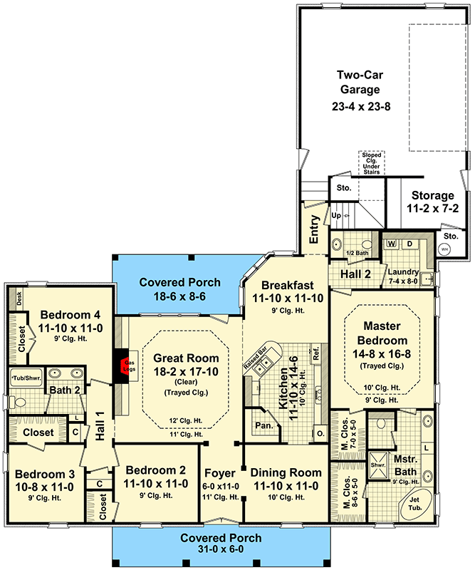 Plan 51054MM: Southern House Plan with Twelve Foot Great Room Ceilings - 2200 Sq Ft - Floor Plan - Main Level - Acadian, French Country, Louisiana-Style, Southern