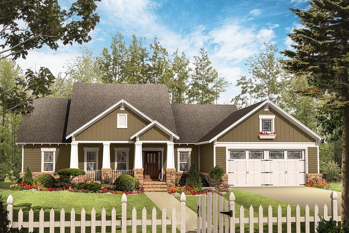 House plan exterior: One-story Modern Farmhouse with front porch, prominent gables, and a double garage.