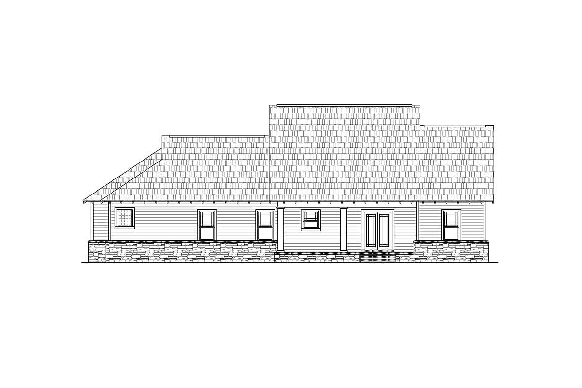 House plan exterior drawing shows a one-story home with a stone base, clapboard siding, varying rooflines, and a porch.