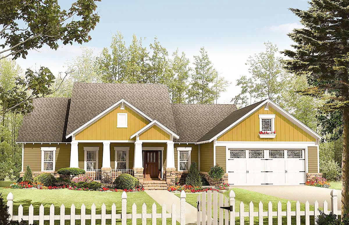 House plan exterior of a one-story home with a covered front porch, prominent gables, and a two-car garage.