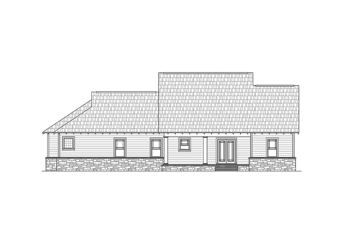 House plan elevation drawing of a two-story home with a stone foundation, multiple gables, and a prominent dormer.