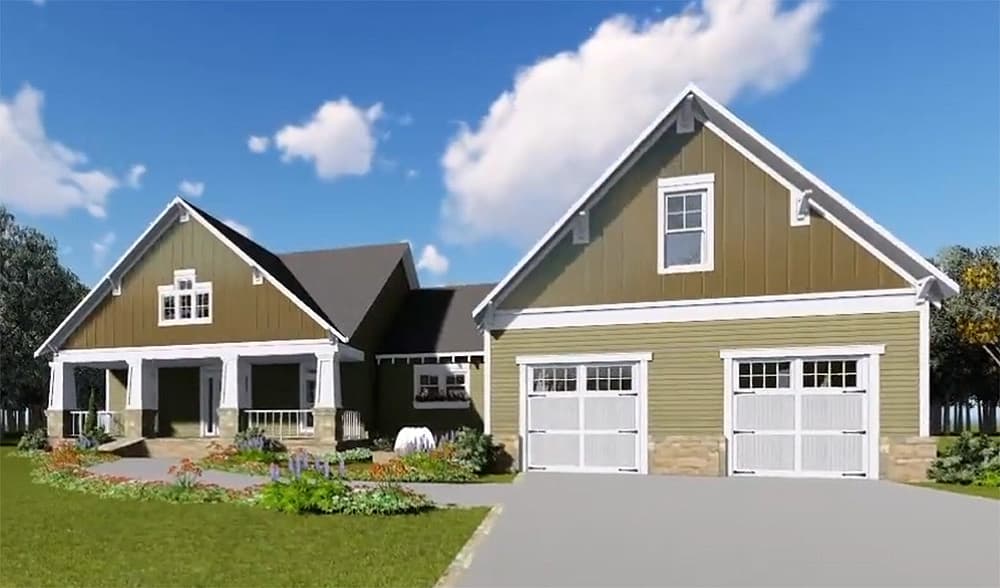 House plan exterior: Ranch-style home with a covered front porch, two-car garage, and multiple gables.