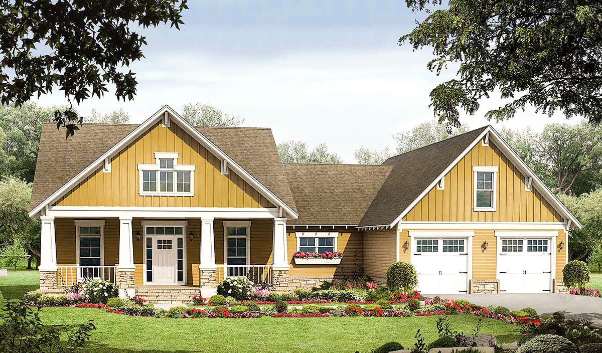 House plan exterior: Modern Farmhouse style, one story, front-facing gabled dormers, covered porch, and attached three-car garage.