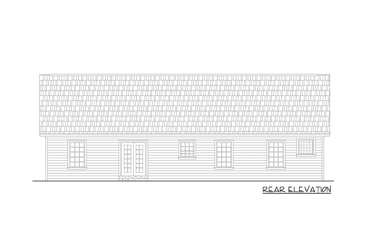 Rear elevation drawing of a house plan showing a wide roofline, double doors, and five windows.