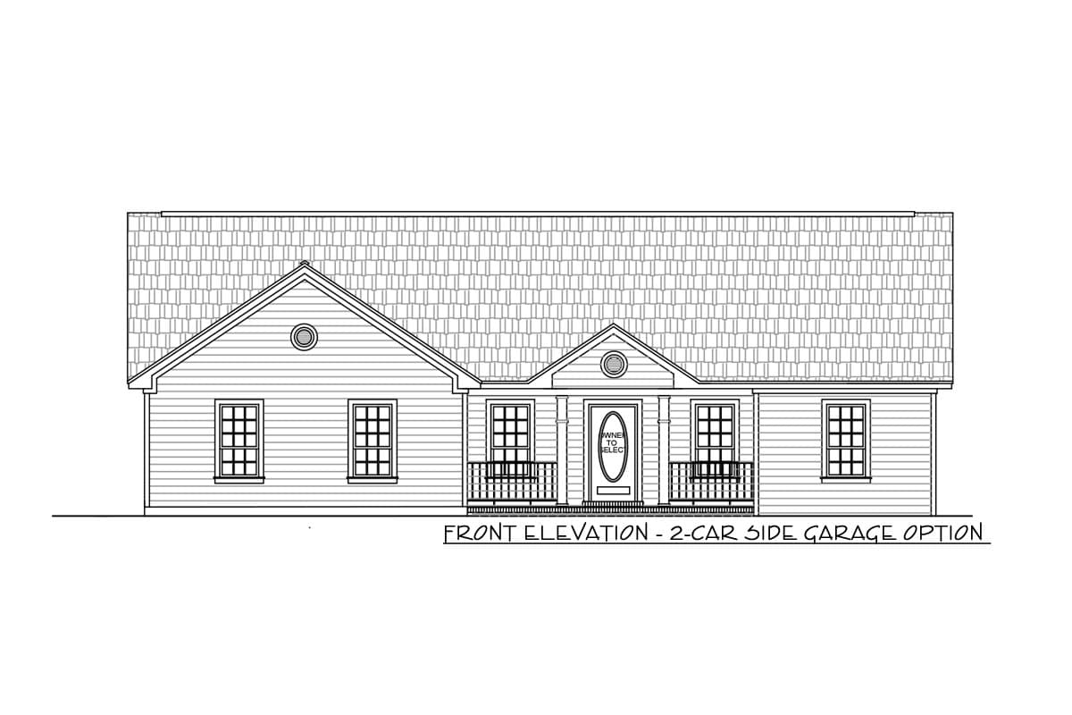Front elevation of a single-story house plan with a covered entry porch, gable dormer, and side garage option.