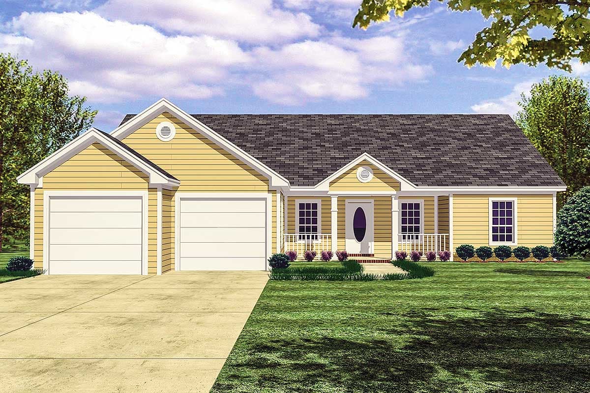 House plan exterior: Ranch style, one story, with a covered front porch, two-car front-facing garage, and prominent gables.