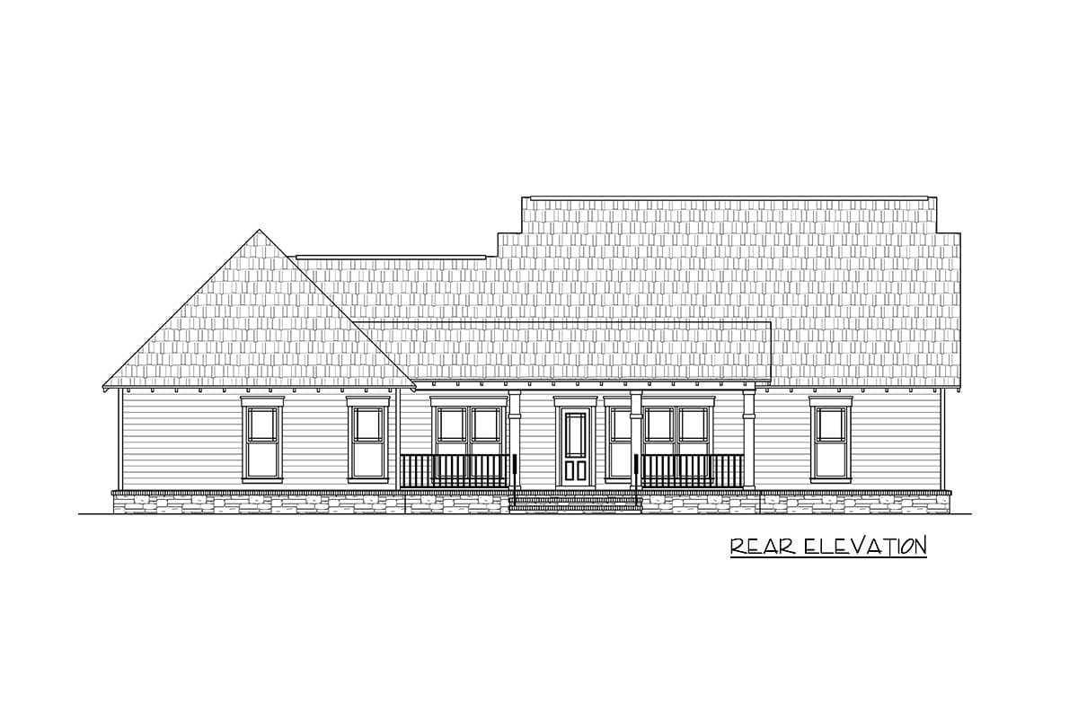 Rear elevation house plan with a hip roof, prominent gable, covered porch with railings, and double entry doors.