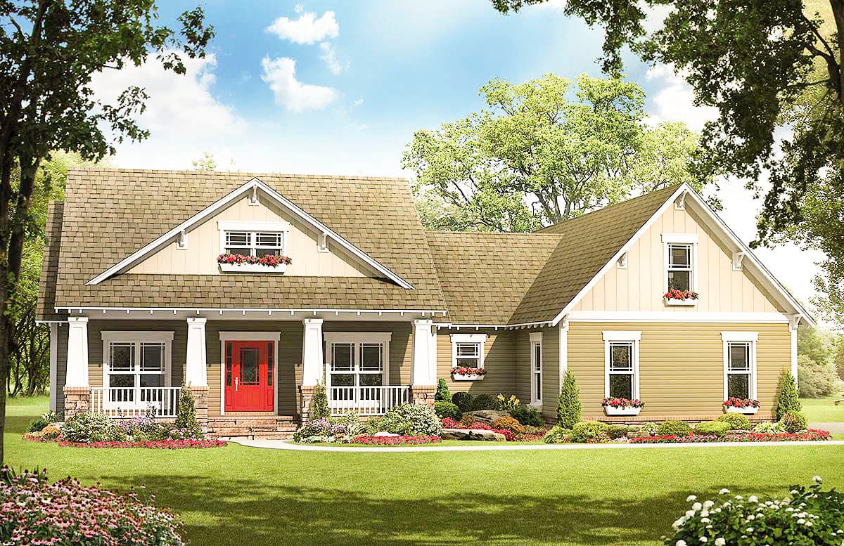 House plan exterior: Single-story home with a covered front porch, gable dormers, and a prominent red front door.
