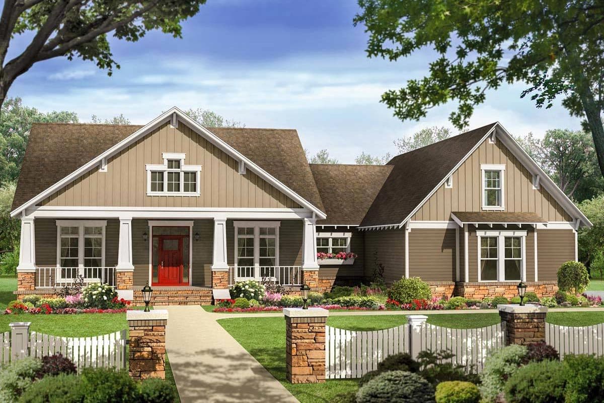 House plan exterior featuring a prominent covered porch with stone columns, board-and-batten siding, and multiple gables.