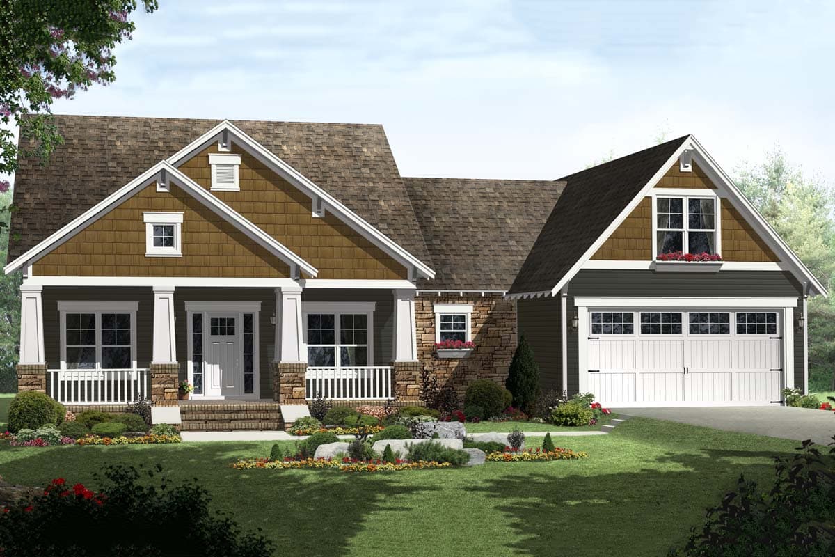 House plan exterior with stone accents, covered porch, and a two-car side-entry garage.