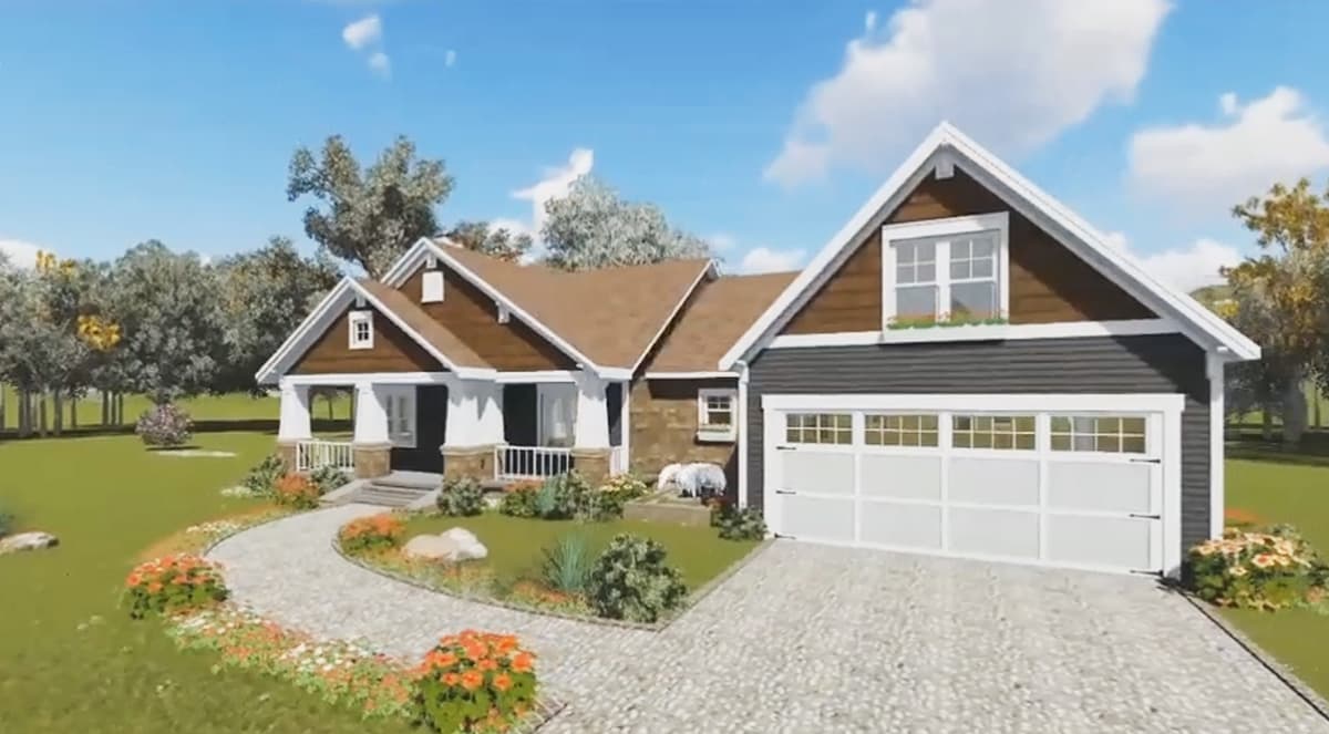 House plan exterior: One-and-a-half story, Modern Farmhouse style, with gabled dormers, covered front porch, and attached two-car garage.