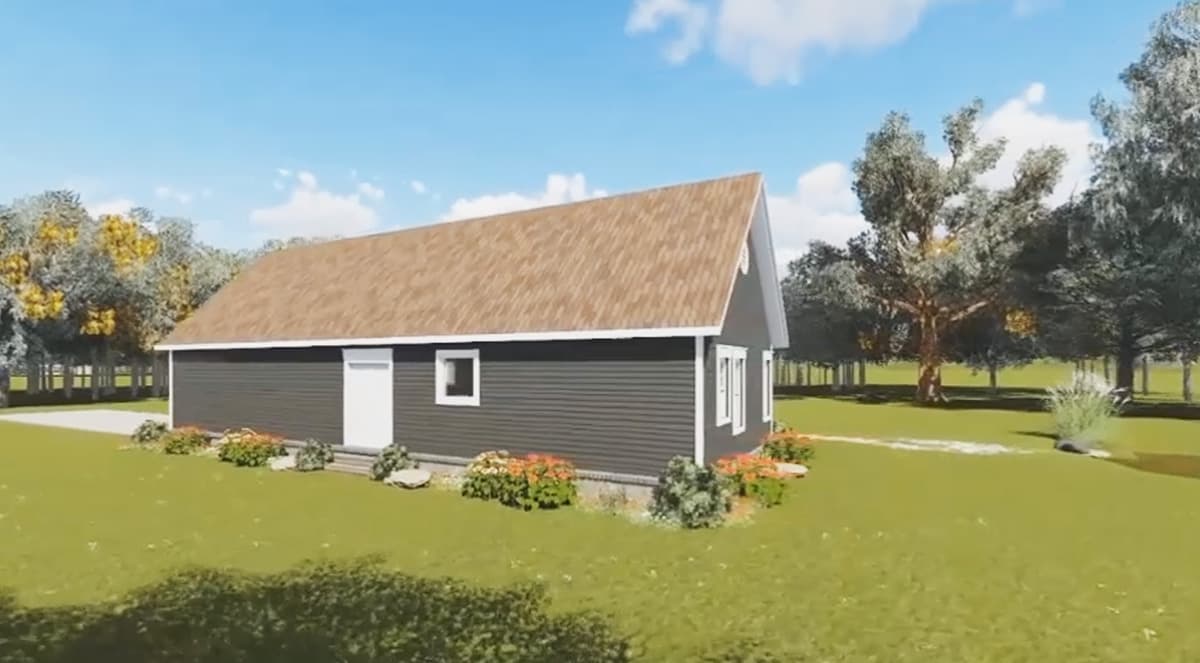 House plan exterior of a one-story modern home with dark siding, gable roof, and a prominent front-facing gable.