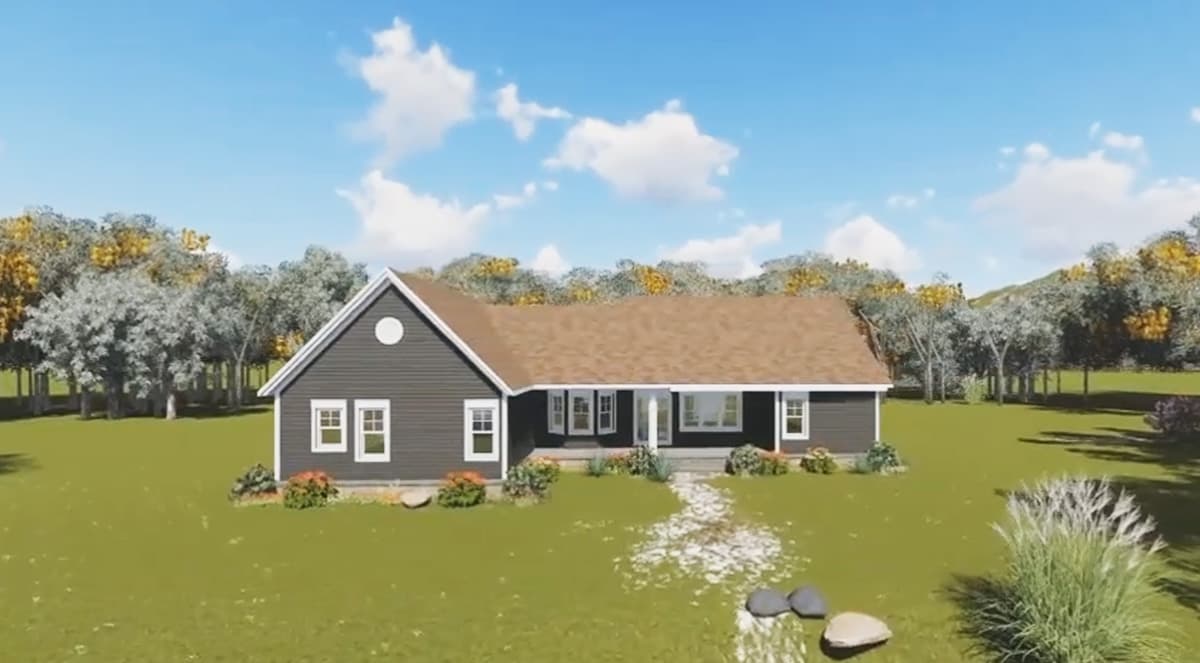House plan exterior: Ranch style, one story, with a covered front porch, gabled dormer, and bay windows.