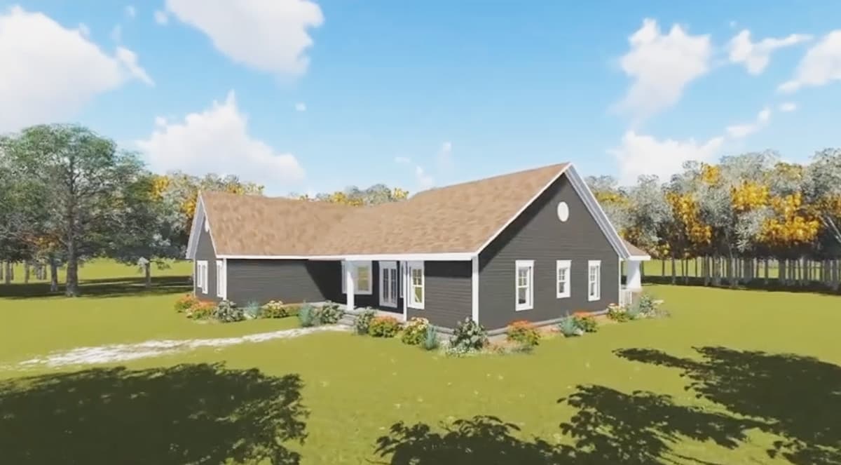 House plan exterior: Single-story ranch with covered front porch, multiple gables, and dormer window.