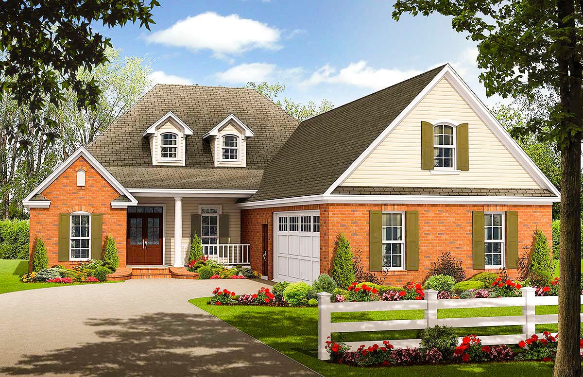 House plan exterior: Brick two-story home with gabled dormers, covered front porch, and side-entry garage.