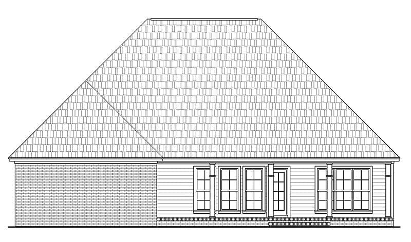 House plan exterior drawing shows a one-story home with brick and siding, a prominent hipped roof, and a covered porch with columns.
